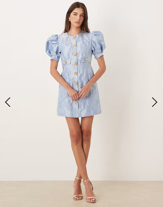 Sister Jane Anemone exclusive jacquard puff sleeve gold flower button up mini dress in cerulean blue