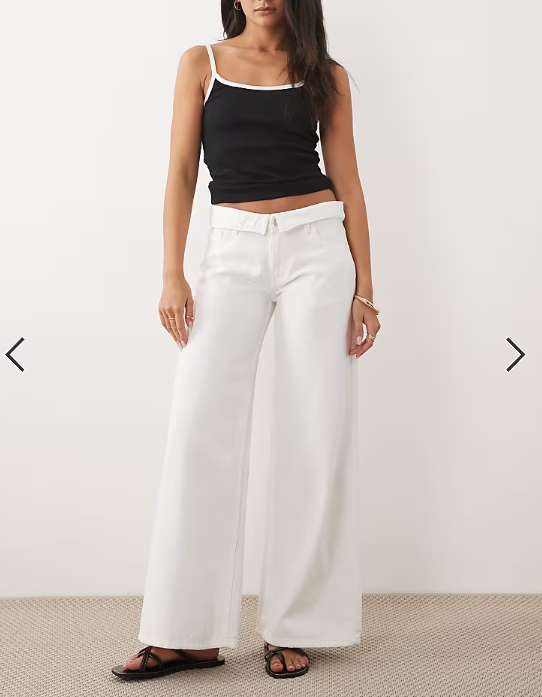 Mango Teen wide leg jeans with fold over detail in white