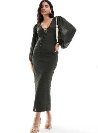 ASOS DESIGN dobby balloon sleeve midi dress in dark green