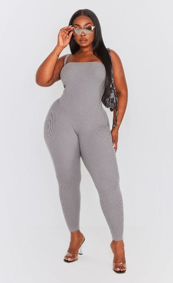 Plus Charcoal Knitted Ribbed Strappy Jumpsuit