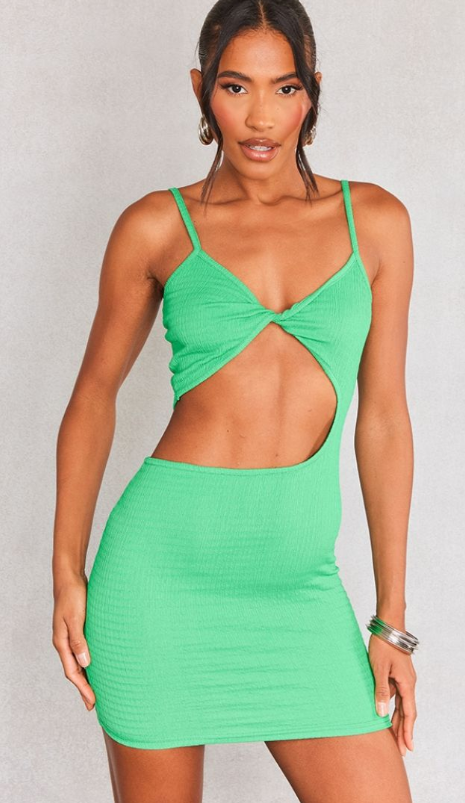 Bright Green Textured Twist Strap Bodycon Dress