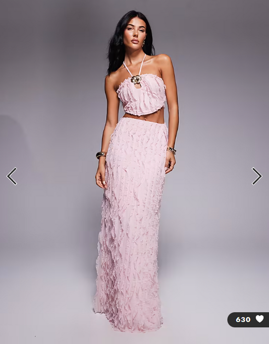 ASOS DESIGN textured halter neck maxi dress with floral trim in pink