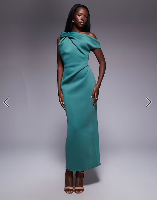 ASOS DESIGN one shoulder drape neck midi dress in teal scuba-style fabric