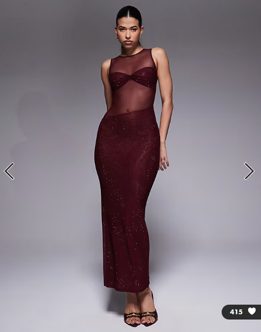 The Frolic exclusive high neck sleeveless hot fix sheer insert maxi dress in burgundy