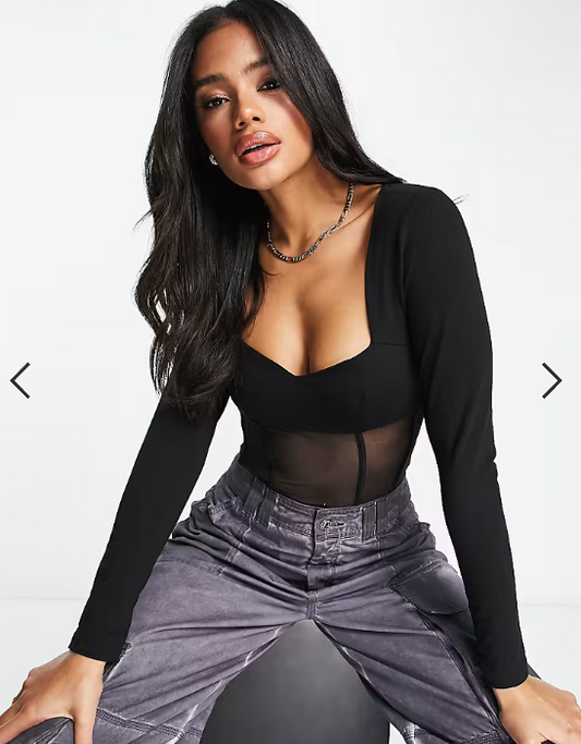 ASOS DESIGN corset style sweetheart neck mesh bodysuit in black