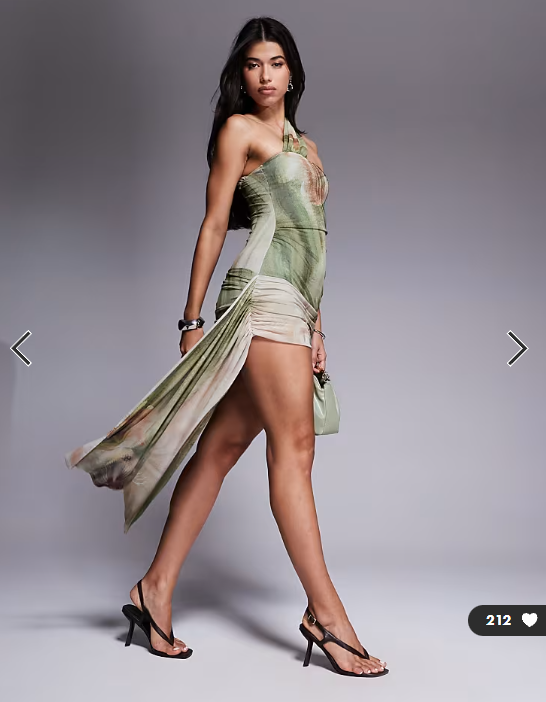 ASOS DESIGN mesh one shoulder with drape detail mini dress in abstract palm print