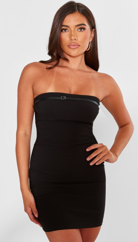 Black Stretch Woven Bandeau Belted Bodycon Dress