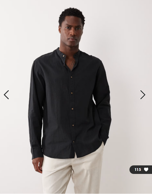 Jack & Jones grandad collar linen blend long sleeve shirt in black