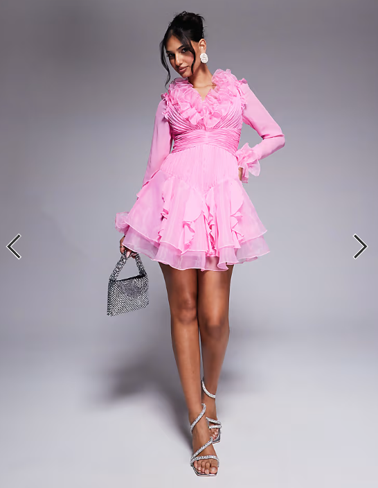 ASOS LUXE organza long sleeve exaggerated ruffle mini dress in Pink