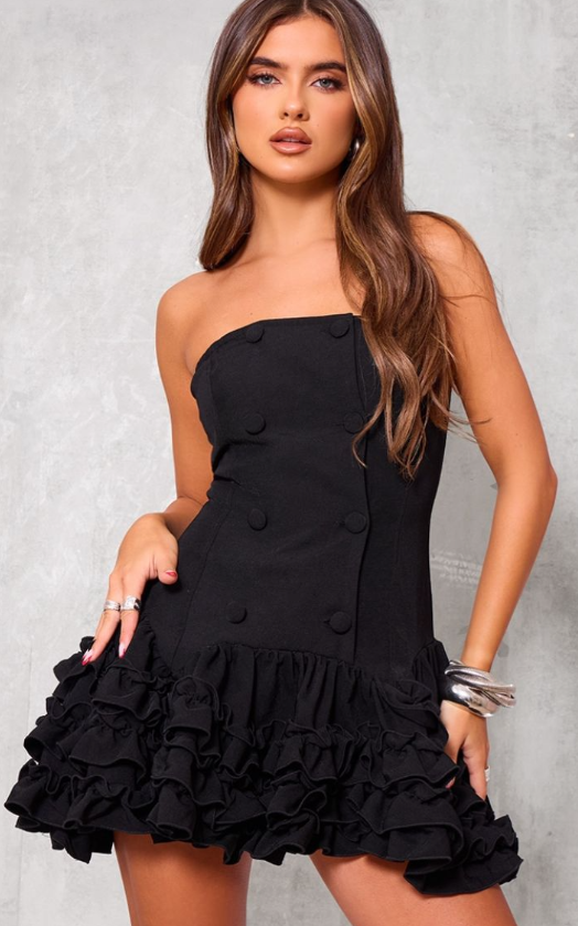 Black Bandeau Frill Button Down Mini Dress