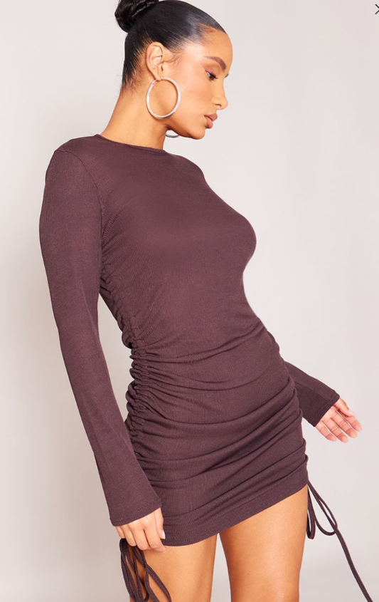 Plt - Chocolate Thick Rib Ruched Side Bodycon Dress