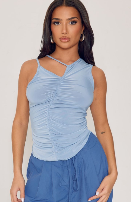Petite Mineral Blue Ruched Cut Out Top