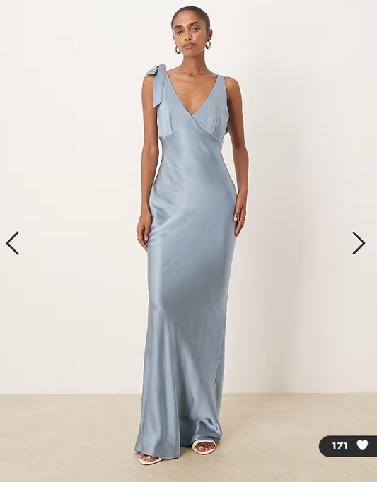 Pretty Lavish Bridesmaid Piper satin bow shoulder v neck maxi dress in dusty blue