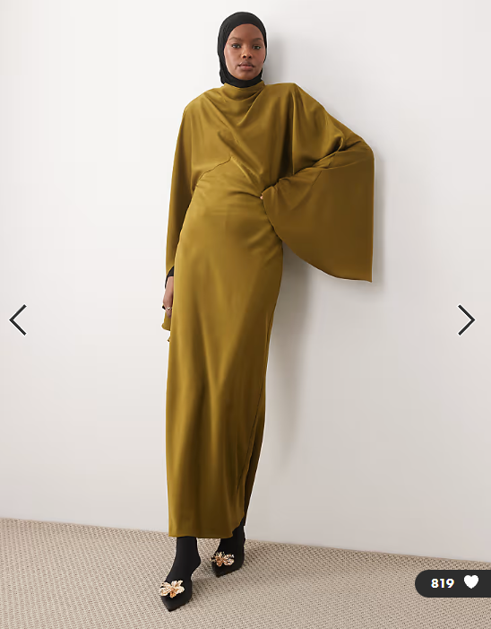 ASOS DESIGN funnel neck satin maxi dress with exaggerated sleeves in olive green