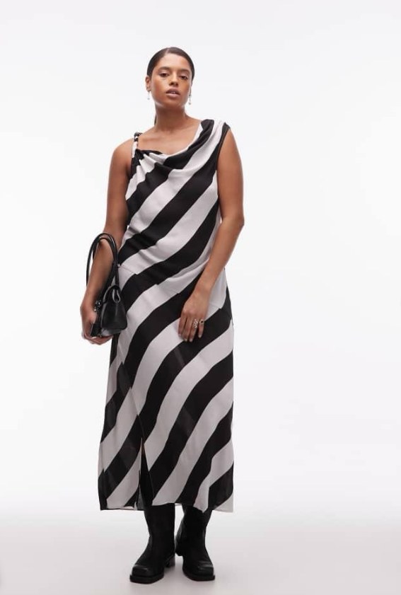 ASOS DESIGN Curve sheer cowl neck midi dress in black and white stripe