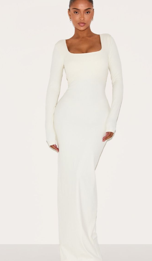 Shape Cream Built In Bra Sculpt Square Neck Long Sleeve Maxi Dress