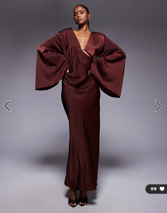 ASOS DESIGN satin asymmetric neckline long sleeve maxi dress with channel detail in chocolate