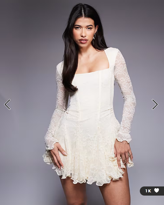 Murci square neck long sleeve gathered ruffle hem lace mini dress in cream