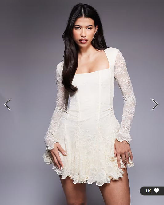 Murci square neck long sleeve gathered ruffle hem lace mini dress in cream