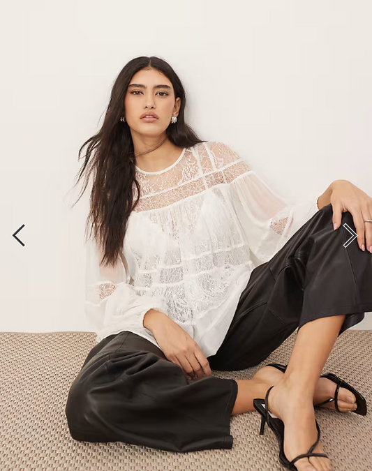 ARRANGE lace detail blouson sleeve top with drawstring detail in white
