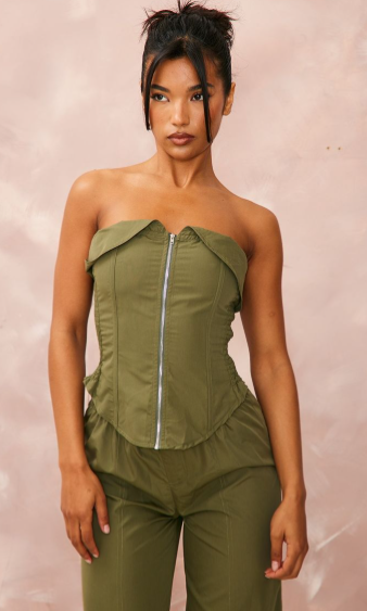 Khaki Woven Foldover Zip Up Cargo Corset