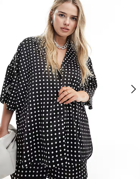 ASOS DESIGN Curve satin revere shirt in mono spot print co-ord