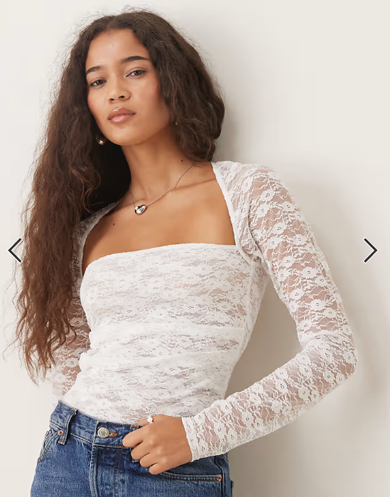 ASOS DESIGN lace shrug semi sheer ruched top in white