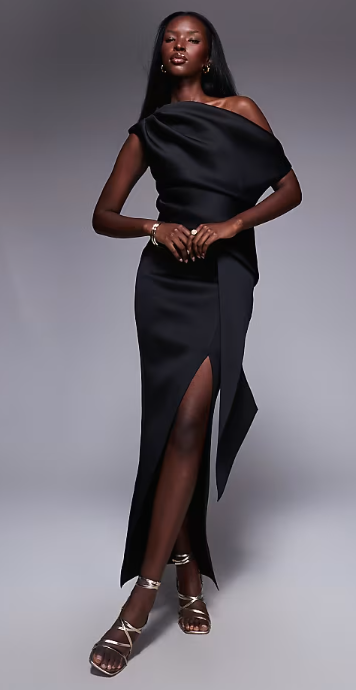 ASOS DESIGN fallen shoulder manipulated fold midi dress in black scuba-style fabric