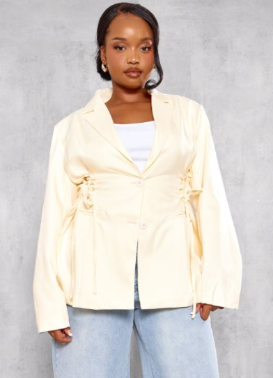 Plt - Plus Cream Lace Up Waist Blazer