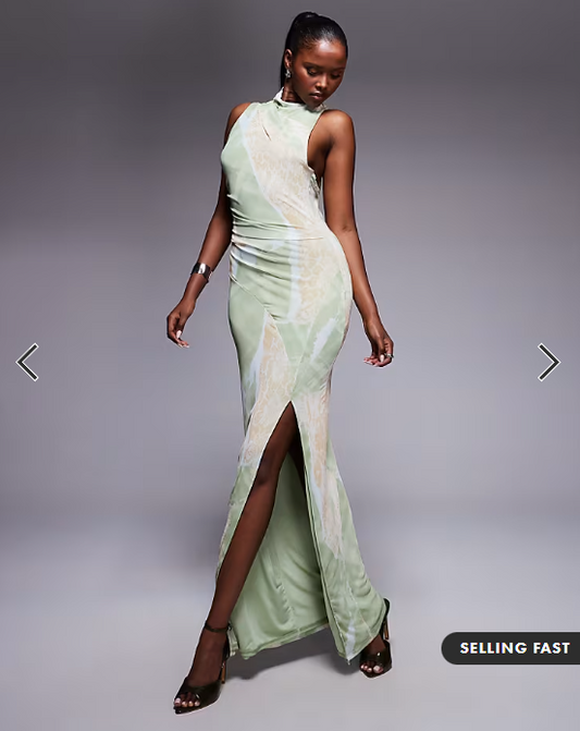 ASOS DESIGN seamed ruched shoulder pad printed mesh midi