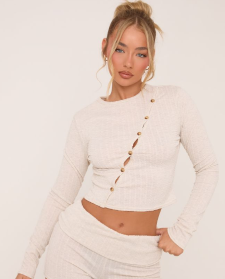 Long Sleeve Asymmetric Button Front Top In Stone Cable