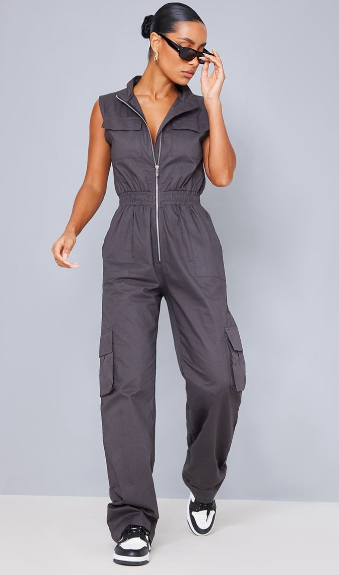 Charcoal High Neck Sleeveless Pocket Detail Utility Jumpsuit