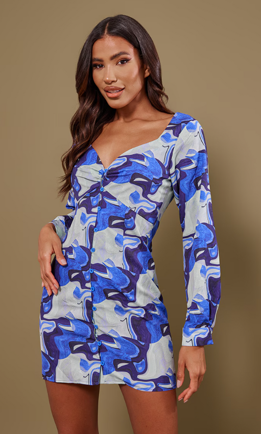 Blue Abstract Print Button Down Bodycon Dress