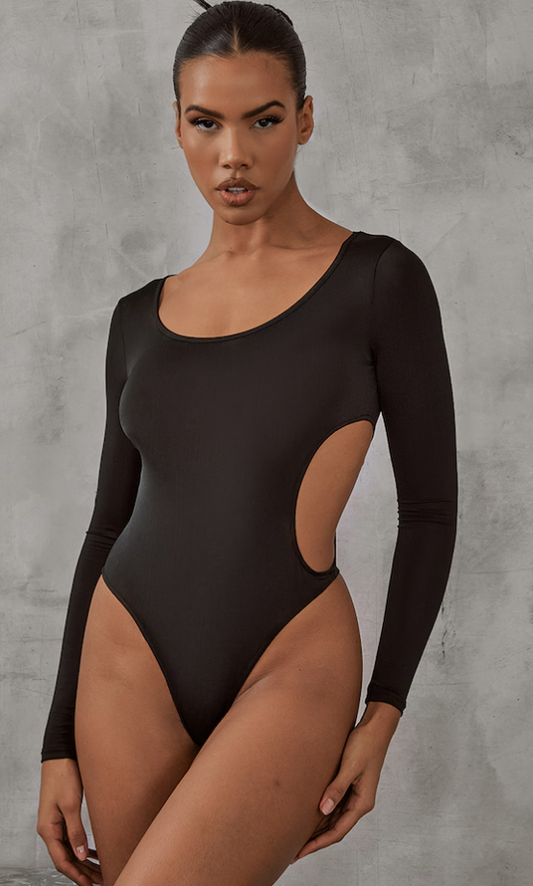 Black Slinky Cut Out Side Long Sleeve Bodysuit