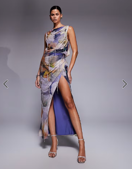 ASOS DESIGN slash neck chiffon midi dress with chain diamante embellishment in dark floral print