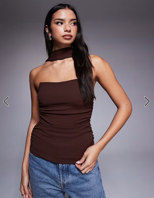 ASOS DESIGN longline structured bandeau top with scarf neck detail in chocolate