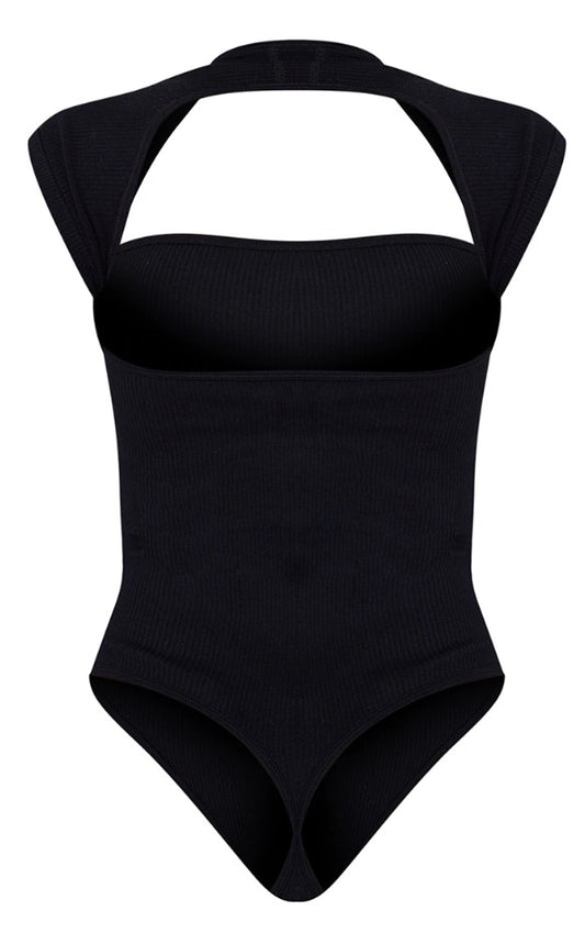 Black Contour Rib Cut Out Short Sleeve Bodysuit