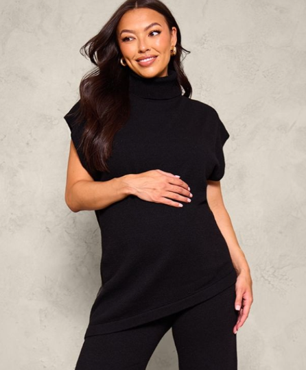 Maternity Black Knit Roll Neck Sleeveless Asymmetric Hem Top