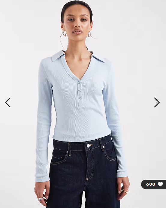 ASOS DESIGN shrunken rib henley long sleeve top with collar in light blue