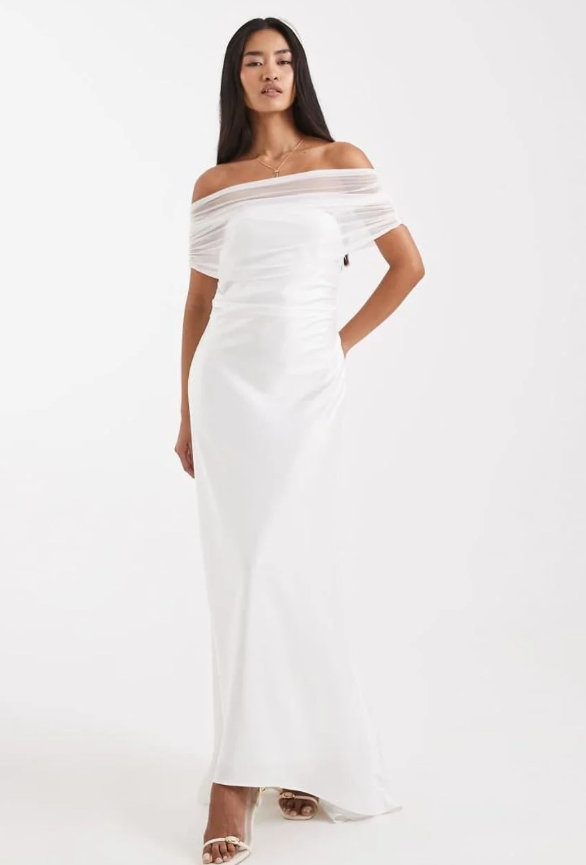 Six Stories - bridal off the shoulder mesh high low hem maxi dress