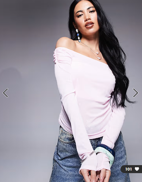 ASOS DESIGN off shoulder ruched long sleeve top in pastel pink