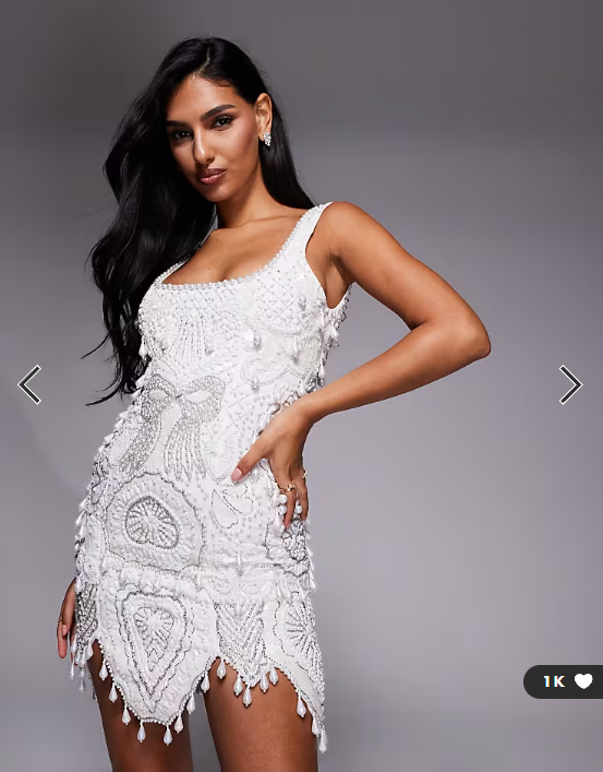 ASOS LUXE gem encrusted mini dress with pearl embellishment & scallop hem in white