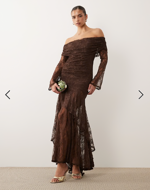 ASOS DESIGN lace off the shoulder long sleeve maxi dress in chocolate brown