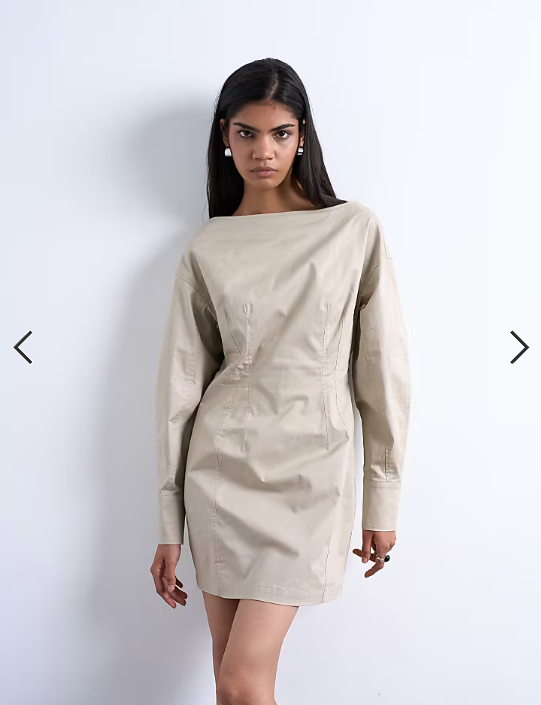 Topshop waisted ovoid sleeve slash neck mini dress in taupe