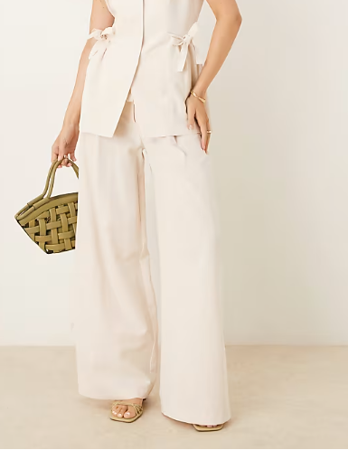 ASOS DESIGN linen blend tie waist trouser co ord in ivory