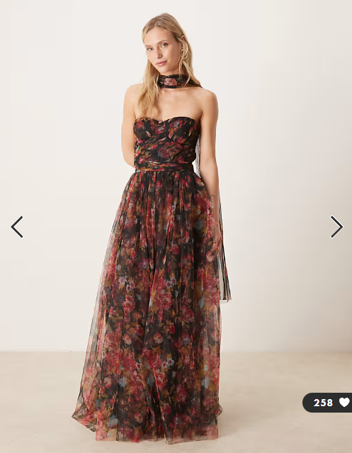 Lace & Beads Petite scarf neck corset tulle maxi dress in black floral print
