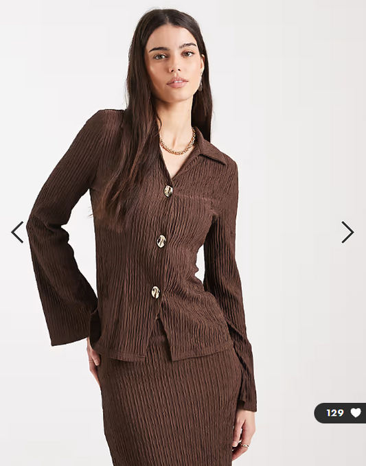 4th & Reckless textured rib collared long sleeve gold button through top co-ord in chocolate