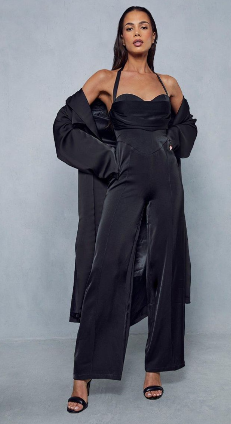 Satin Draped Bust Halterneck Straight Leg Jumpsuit