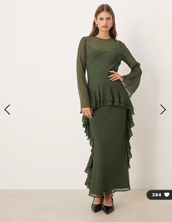 ASOS DESIGN long sleeve frill hem chiffon maxi dress in dark green