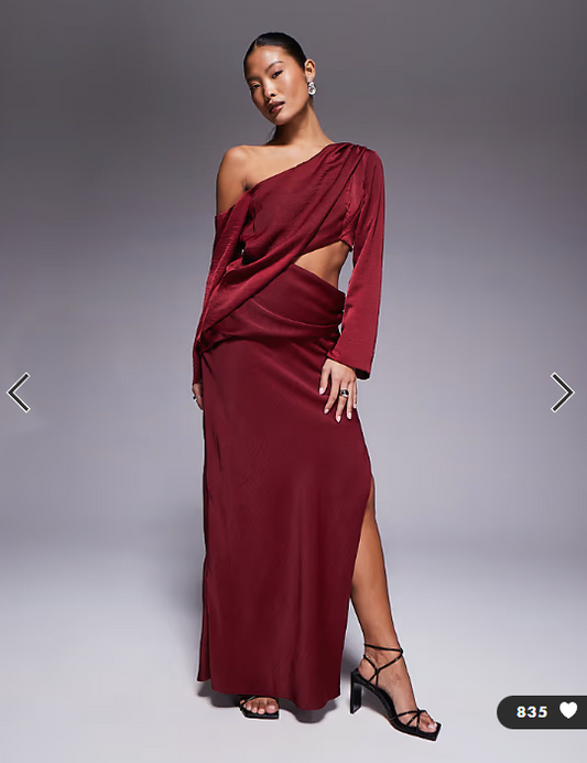 ASOS DESIGN Petite fallen shoulder maxi dress with cutout waist in burgundy